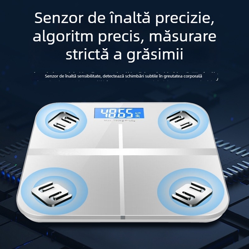 Cântar electronic inteligent pentru uz casnic, cu încărcare USB, măsurare a temperaturii camerei și analiză a grăsimii corporale pentru adulți