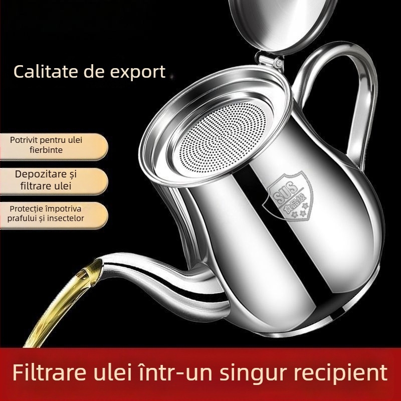 Recipient din oțel inoxidabil cu filtru pentru ulei, fără scurgeri, pentru ulei și oțet, bucătărie, de calitate alimentară