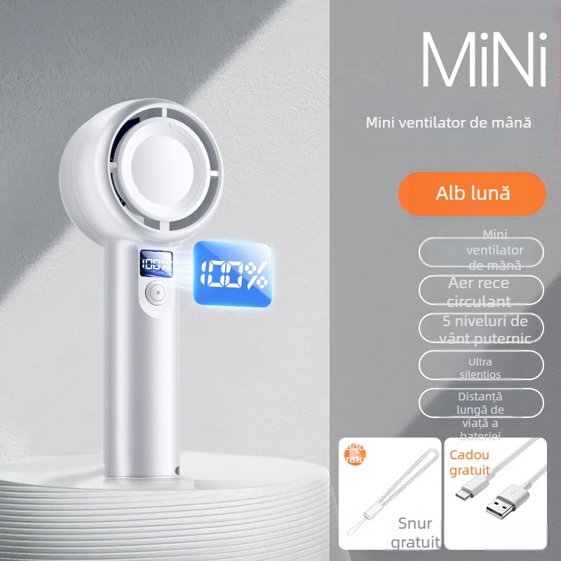 Ventilator de mână USB, mic, cu afișaj digital, 5 viteze, liniștit
