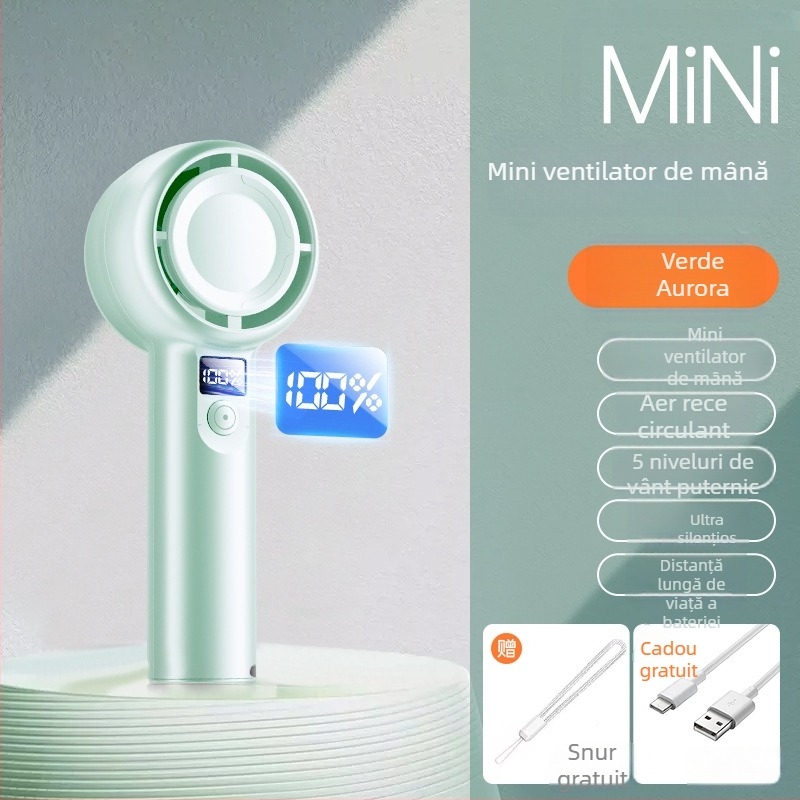 Ventilator de mână USB, mic, cu afișaj digital, 5 viteze, liniștit