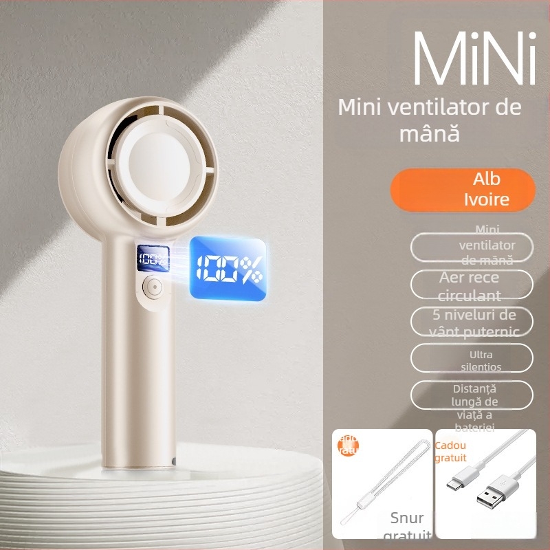 Ventilator de mână USB, mic, cu afișaj digital, 5 viteze, liniștit