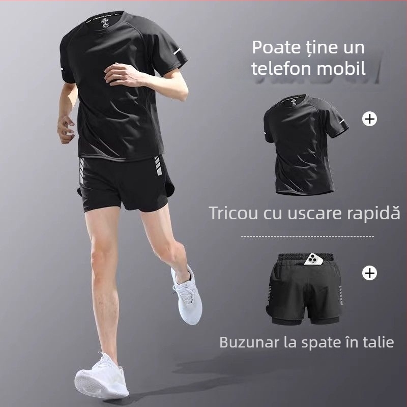 Set de alergare pentru bărbați din material cu uscare rapidă — tricou cu mânecă scurtă și șorturi, echipament de antrenament de vară pentru maraton