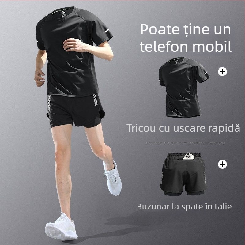 Set de alergare pentru bărbați din material cu uscare rapidă — tricou cu mânecă scurtă și șorturi, echipament de antrenament de vară pentru maraton