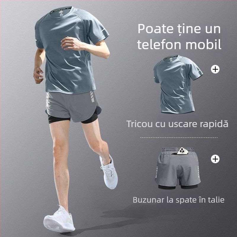 Set de alergare pentru bărbați din material cu uscare rapidă — tricou cu mânecă scurtă și șorturi, echipament de antrenament de vară pentru maraton