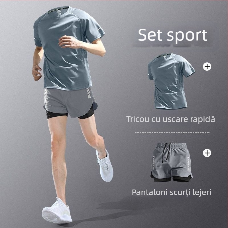 Set de alergare pentru bărbați din material cu uscare rapidă — tricou cu mânecă scurtă și șorturi, echipament de antrenament de vară pentru maraton