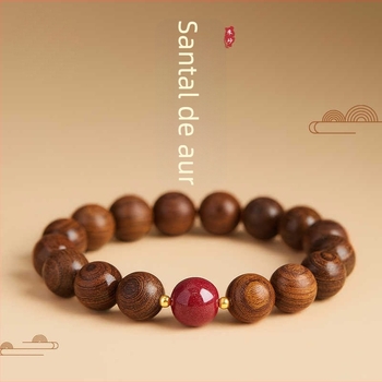 Brățară din lemn de santal cu fir auriu, mărgele Buddha naturale și accente de cinabru – unisex