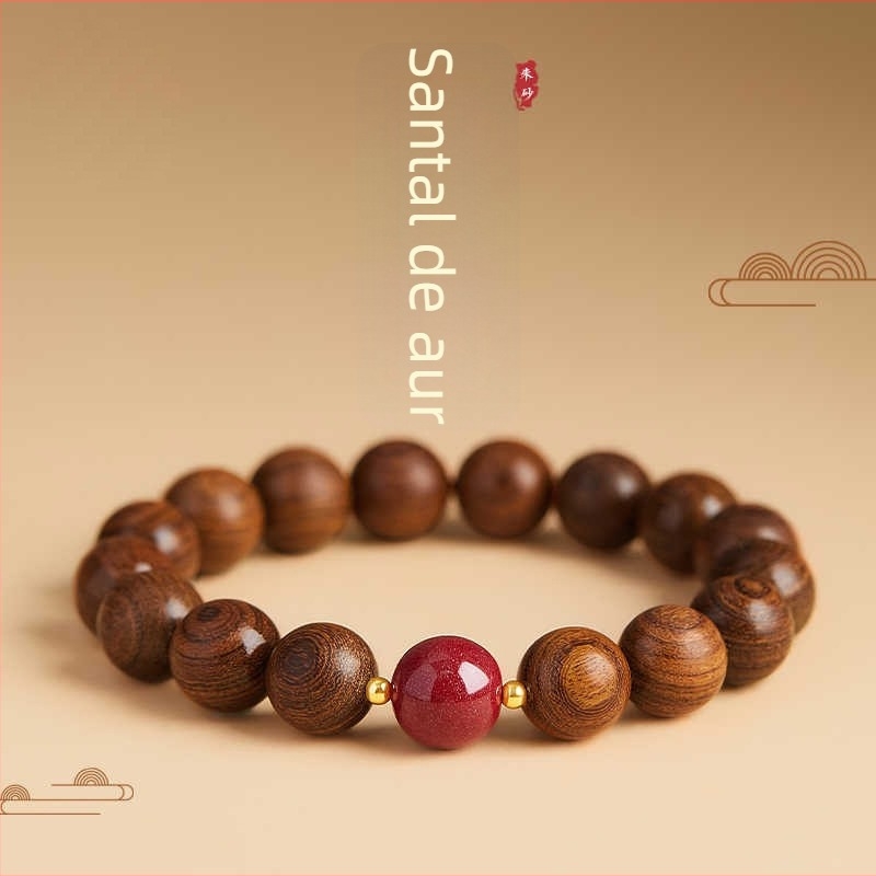 Brățară din lemn de santal cu fir auriu, mărgele Buddha naturale și accente de cinabru – unisex
