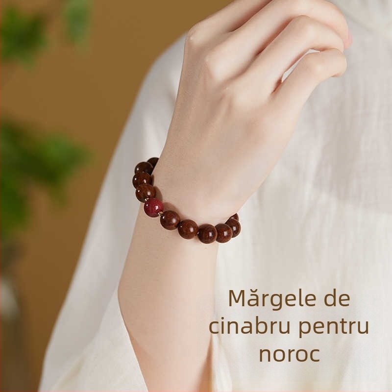 Brățară din lemn de santal cu fir auriu, mărgele Buddha naturale și accente de cinabru – unisex