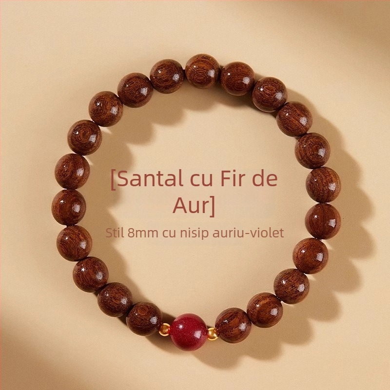 Brățară din lemn de santal cu fir auriu, mărgele Buddha naturale și accente de cinabru – unisex