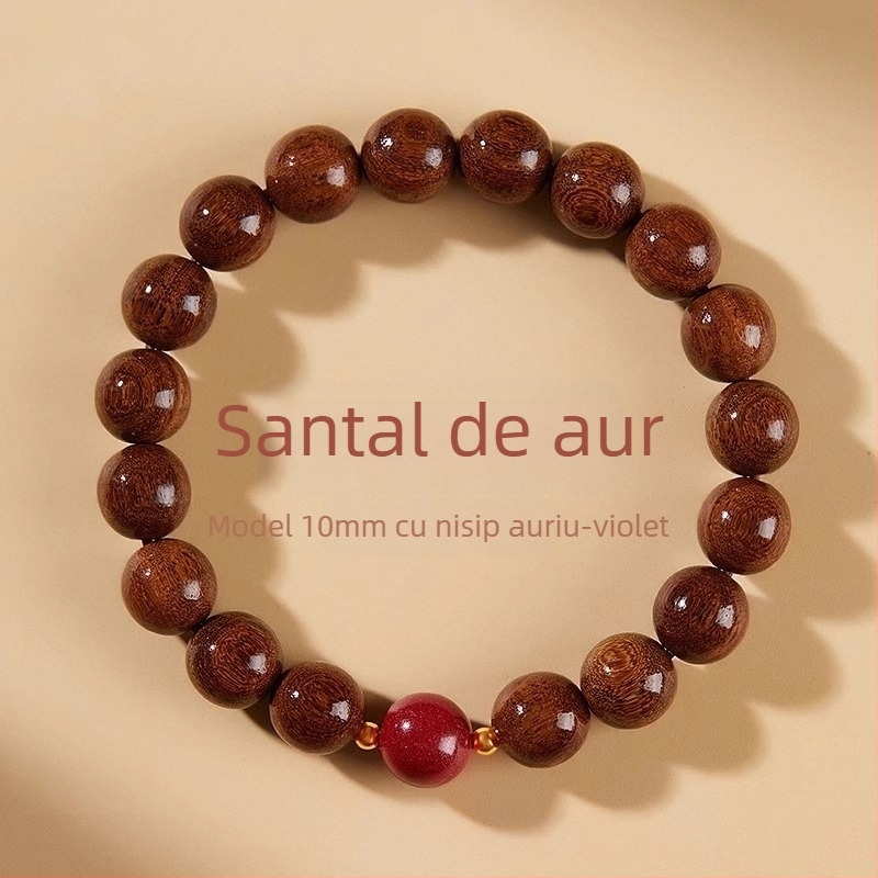 Brățară din lemn de santal cu fir auriu, mărgele Buddha naturale și accente de cinabru – unisex