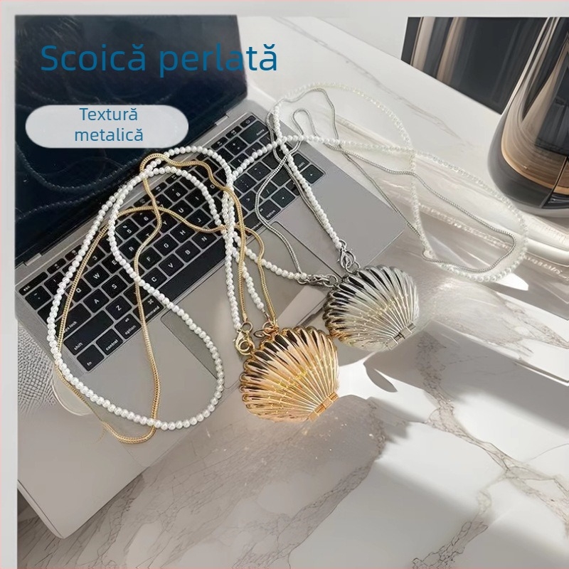 Geantă scoică crossbody, lanț dublu de perle și accesoriu metalic pentru talie