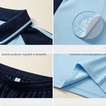 Set de uniformă școlară de vară, două piese: tricou cu mânecă scurtă și pantaloni, unisex, pentru elevi de școală primară.
