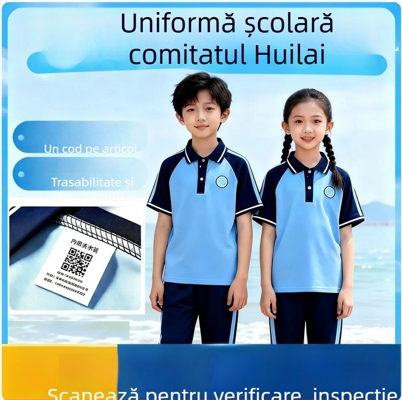 Set de uniformă școlară de vară, două piese: tricou cu mânecă scurtă și pantaloni, unisex, pentru elevi de școală primară.