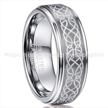 Inel masculin din Tungsten Steel cu model laser, finisaj natural, formă în U, lustruit