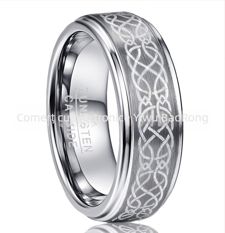Inel masculin din Tungsten Steel cu model laser, finisaj natural, formă în U, lustruit