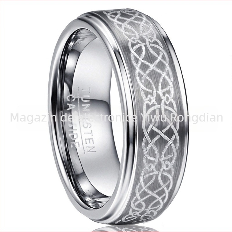 Inel masculin din Tungsten Steel cu model laser, finisaj natural, formă în U, lustruit