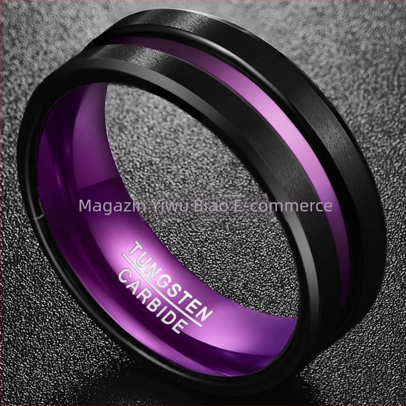Inel de tungsten pentru bărbați, 8 mm, două nuanțe, față plată cu o singură canelură, interior mov