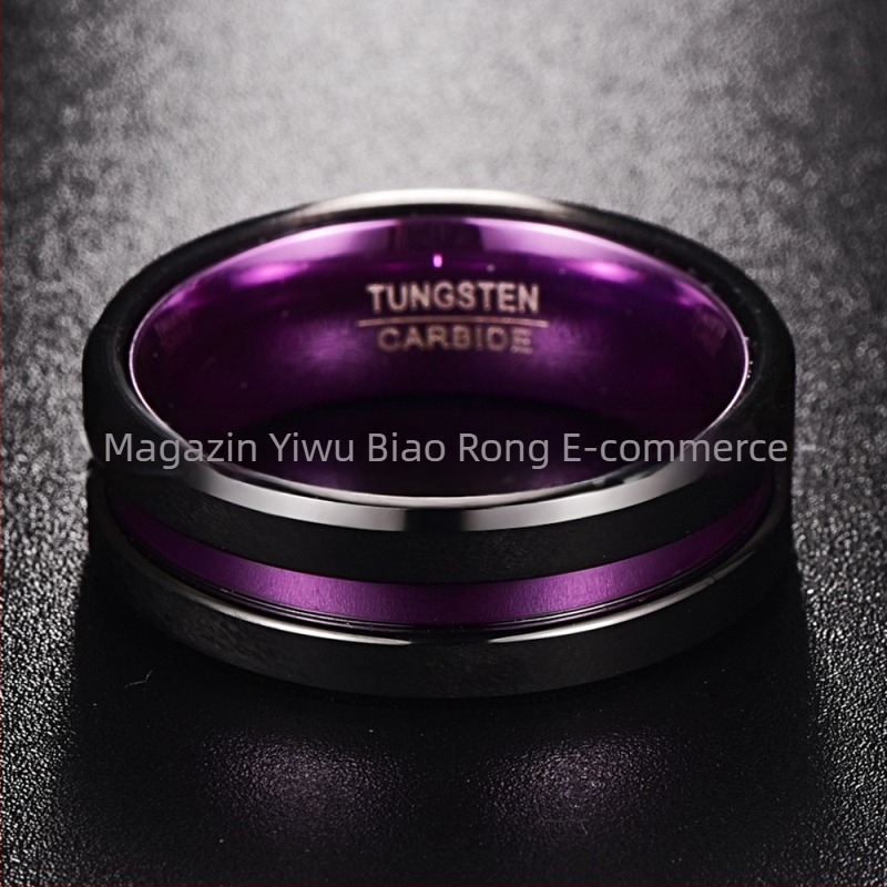 Inel de tungsten pentru bărbați, 8 mm, două nuanțe, față plată cu o singură canelură, interior mov
