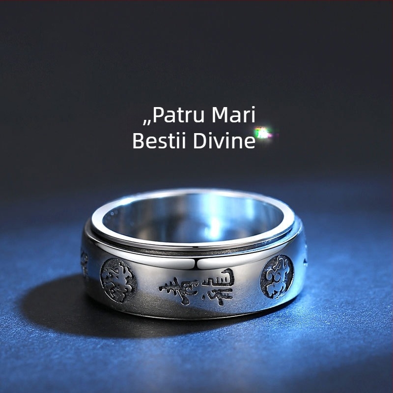 Inel retro din argint, unisex, cu fața lată ce se rotește, lucrat manual, cu cele patru bestii divine.