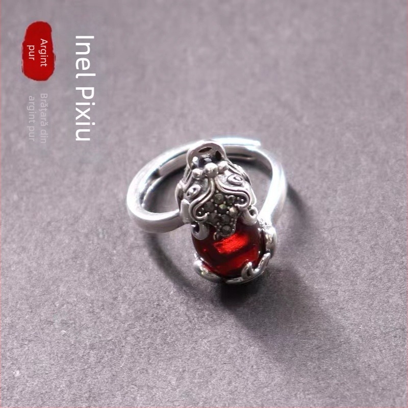 Inel Pixiu din argint S925, granat, stil retro, unisex, deschis, reglabil