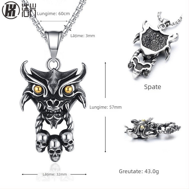 Colier masculin cu pandantiv cap de fantomă din oțel titan, stil versatil, aspect premium