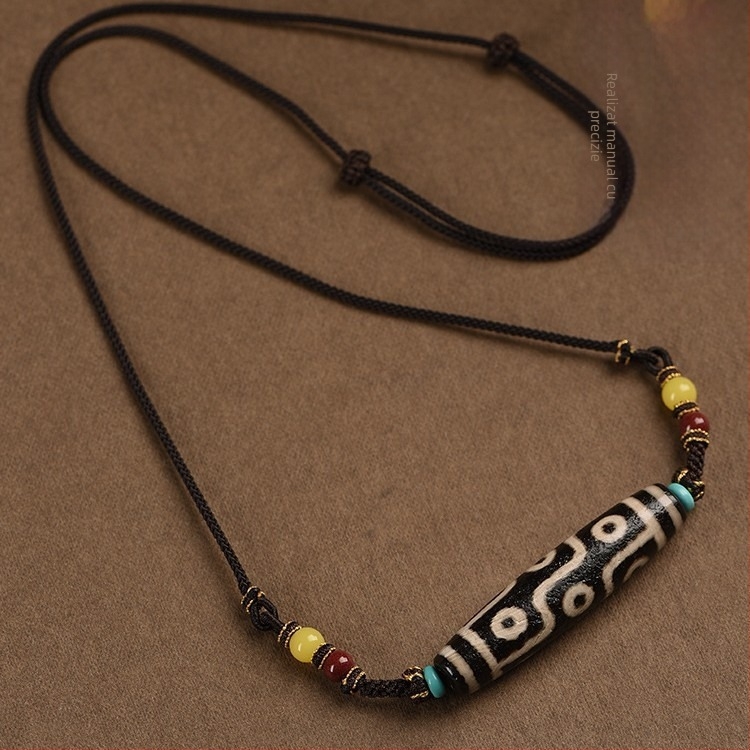 Colier unisex din agat cu mărgele Dzi cu nouă ochi, pandantiv în stil tibetan