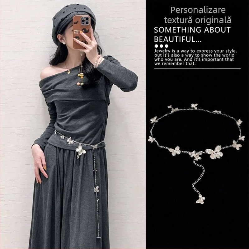 Lanț talie metalic retro cu fluture, design nișă, colier de înaltă calitate, lanț pentru corp multifuncțional, accesoriu pentru talie
