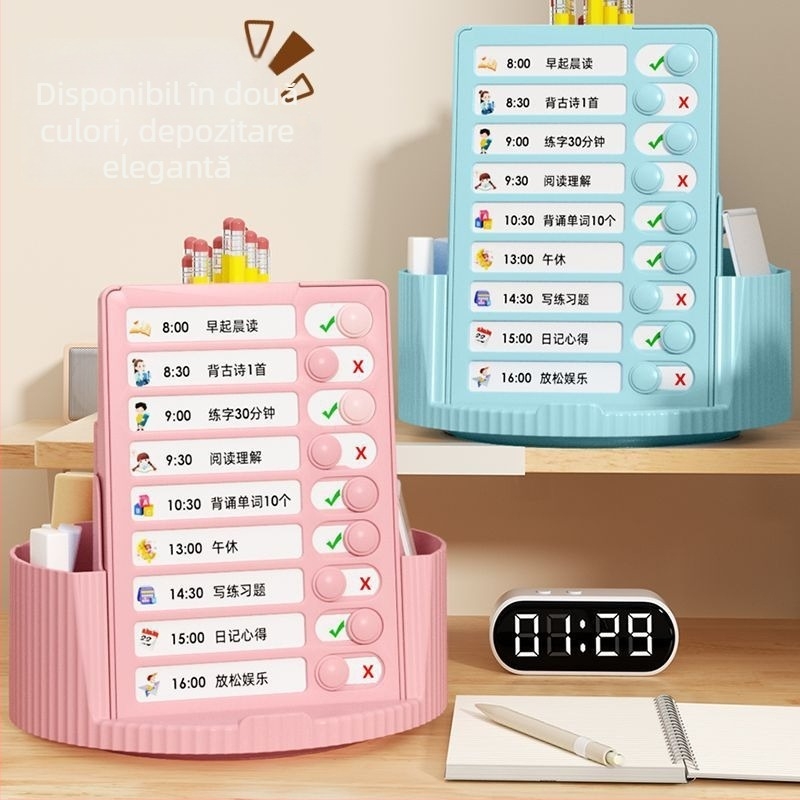 Suport rotativ pentru pixuri, 3 în 1 detector de autodisciplină pentru elevi, organizator de birou pentru papetărie, tracker al planului de studiu de vară