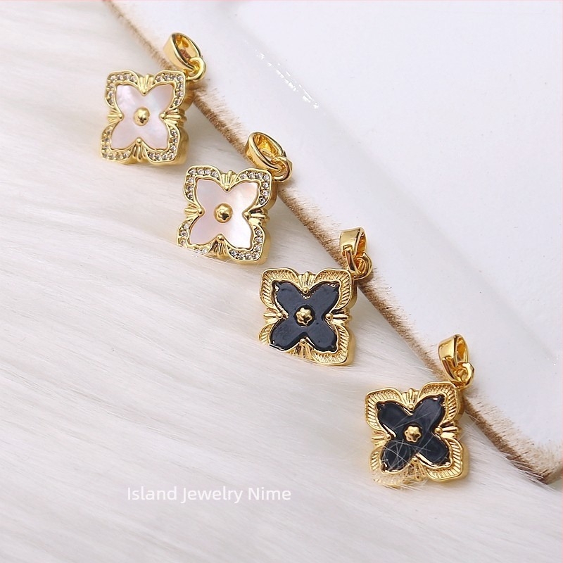 14K placare cu aur, zircon încrustat într-o scoică, pandantiv cu patru foi, pentru bijuterii DIY – conector dublu pentru brățară și colier
