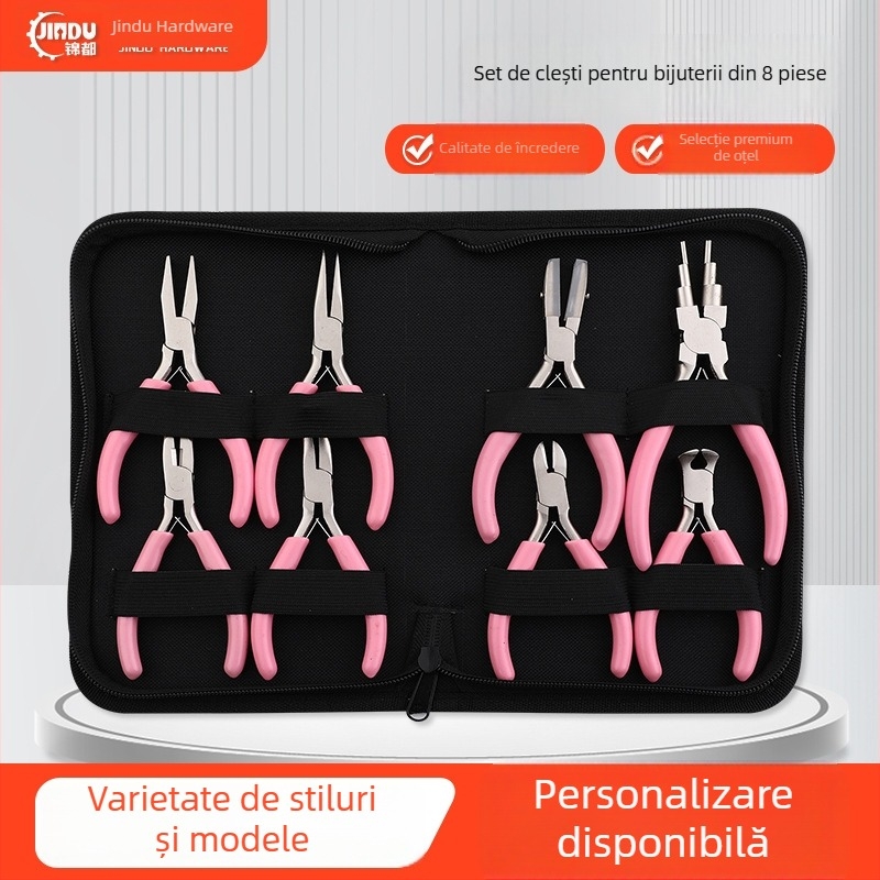 Set de 8 clește pentru bijuterii DIY – roz, clește cu nas subțire, instrumente multifuncționale