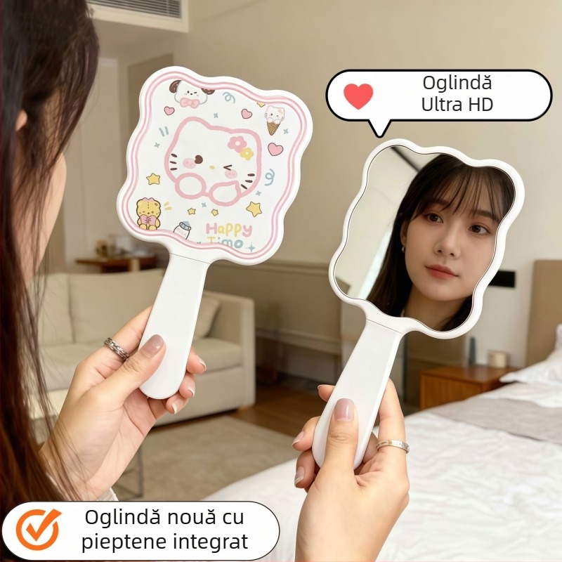 Nou KT Cat oglindă cu mâner, oglindă de machiaj comodă, oglindă mică de mână feminină cu pieptene retractabil