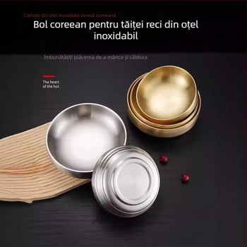Bol din oțel inoxidabil pentru bibimbap și tăiței, finisaj auriu, rotund, diametre 18–18.9 cm, 21–21.9 cm, 22–22.9 cm.