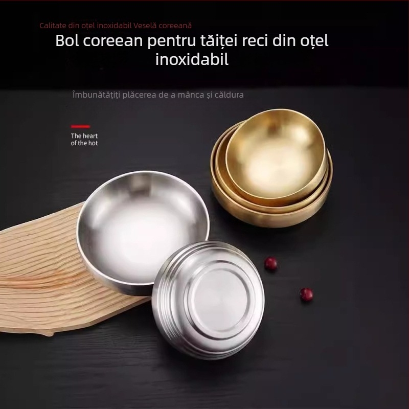 Bol din oțel inoxidabil pentru bibimbap și tăiței, finisaj auriu, rotund, diametre 18–18.9 cm, 21–21.9 cm, 22–22.9 cm.