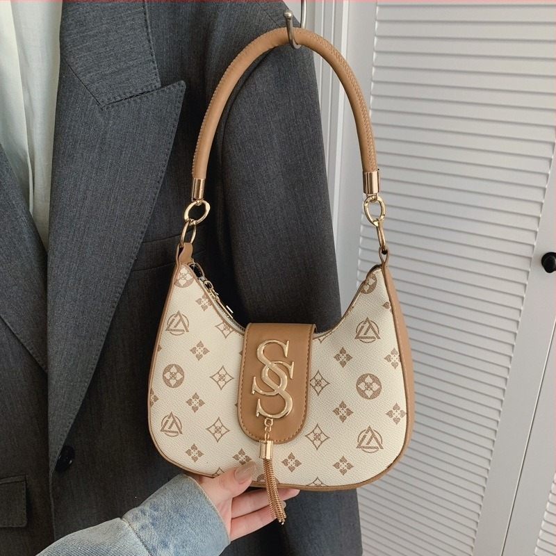 Geantă de damă în formă de lună, imprimeu cu lanț denim, geantă crossbody