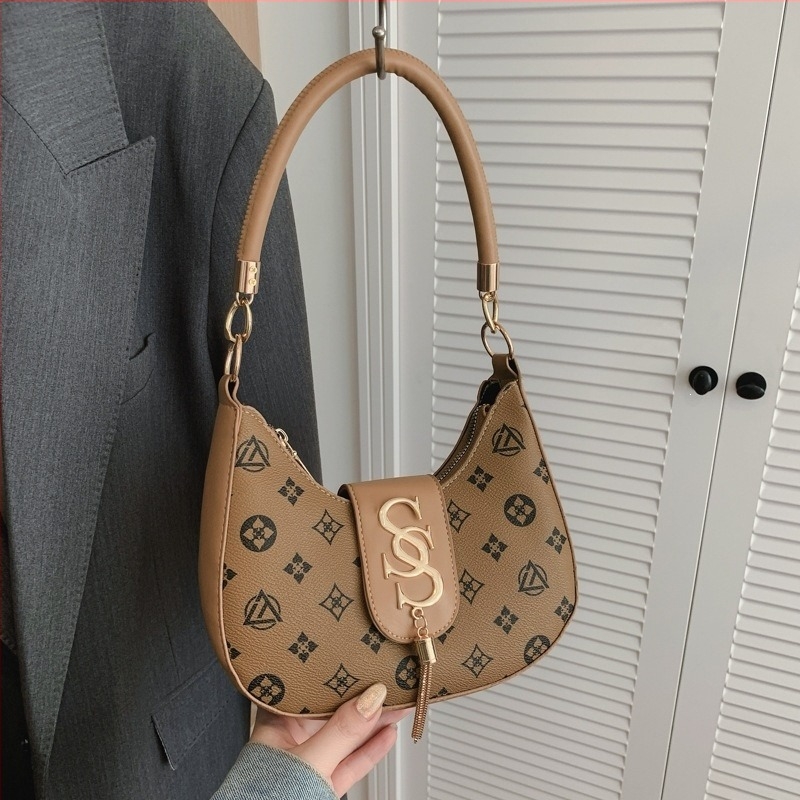 Geantă de damă în formă de lună, imprimeu cu lanț denim, geantă crossbody