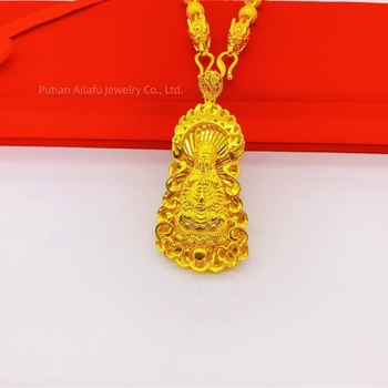 Colier din alamă placat cu aur, pandant dragon imperial și Guanyin, pentru bărbați, cu lanț gros