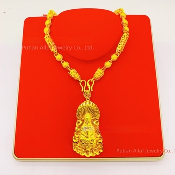Colier din alamă placat cu aur, pandant dragon imperial și Guanyin, pentru bărbați, cu lanț gros