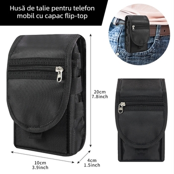 Geantă de talie cu capac pentru telefon, trei compartimente și buzunar pentru pixuri, stil urban