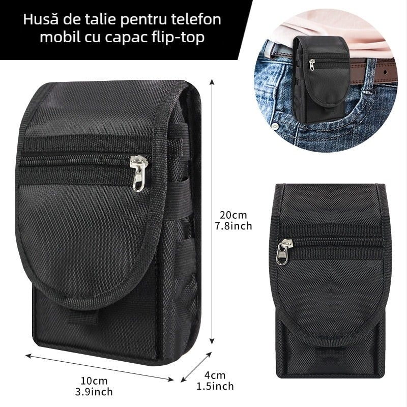Geantă de talie cu capac pentru telefon, trei compartimente și buzunar pentru pixuri, stil urban
