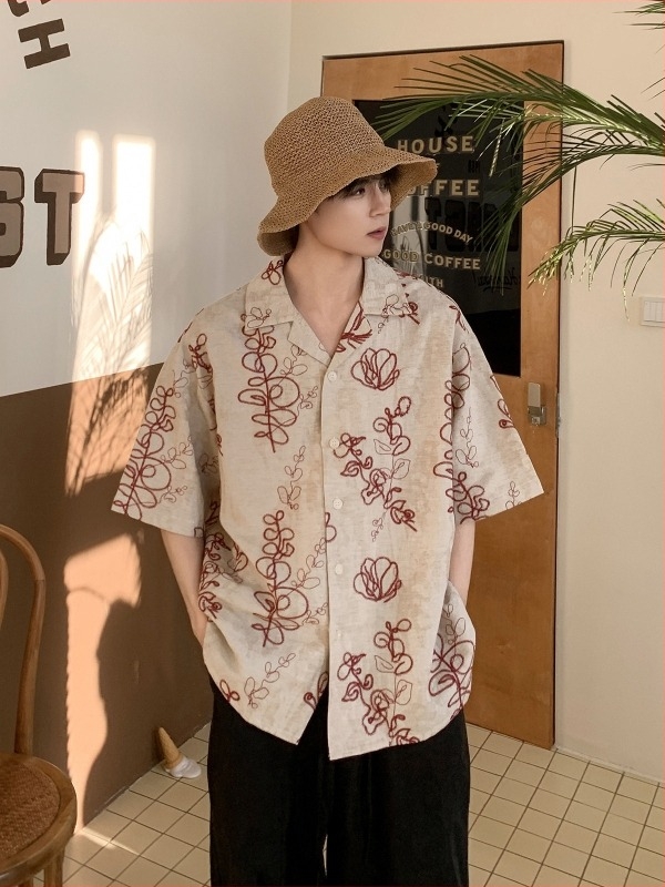 Cămașă pentru bărbați cu broderie vintage, mânecă scurtă, croială lejeră, cămașă premium office-casual