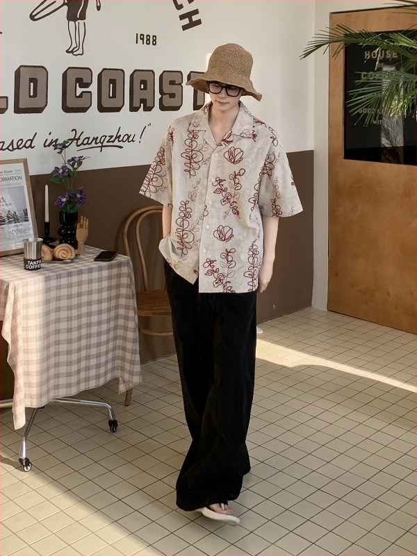 Cămașă pentru bărbați cu broderie vintage, mânecă scurtă, croială lejeră, cămașă premium office-casual