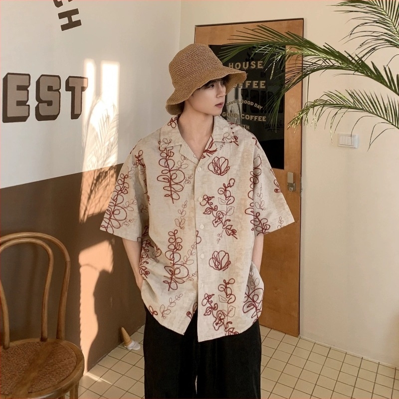 Cămașă pentru bărbați cu broderie vintage, mânecă scurtă, croială lejeră, cămașă premium office-casual