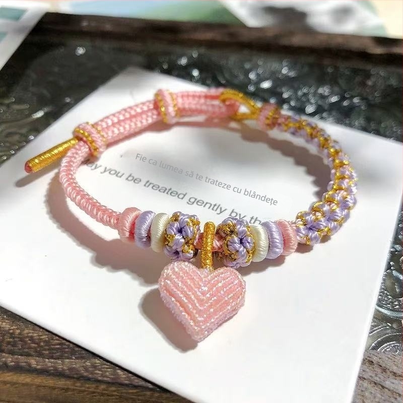 Brățară din fir auriu, țesută manual, șnur roșu pentru femei, 3 mm, DIY nod floare de piersic, împletită
