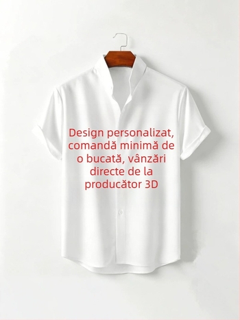 Cămașă casual pentru bărbați din bambus-cânepă, imprimeu digital 3D, guler înalt, mâneci scurte, croială lejeră