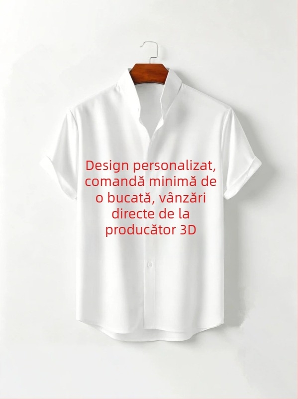 Cămașă casual pentru bărbați din bambus-cânepă, imprimeu digital 3D, guler înalt, mâneci scurte, croială lejeră