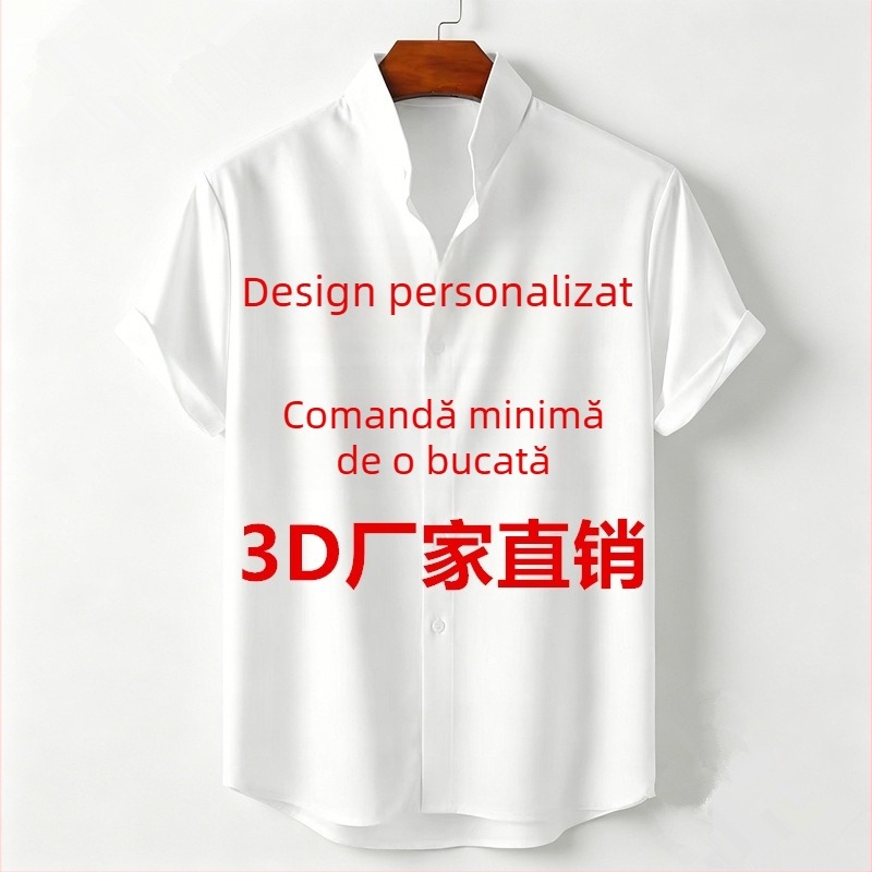 Cămașă casual pentru bărbați din bambus-cânepă, imprimeu digital 3D, guler înalt, mâneci scurte, croială lejeră