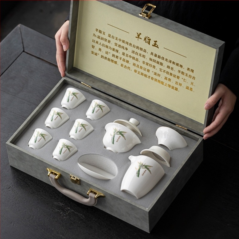 Set gaiwan din porțelan alb Dehua cu logo personalizat – ambalaj cadou, stil modern minimalist