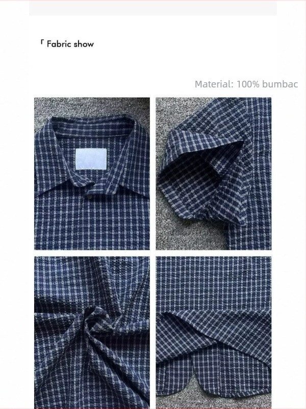 Cămașă bleumarin cu model în carouri din bumbac, mâneci scurte, pentru adolescenți, croială lejeră, 100% bumbac