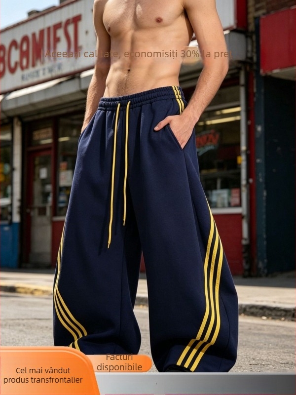 Pantaloni sport pentru bărbați, cu trei dungi, material greu, margine curbată, croială largă, casual pentru toamnă