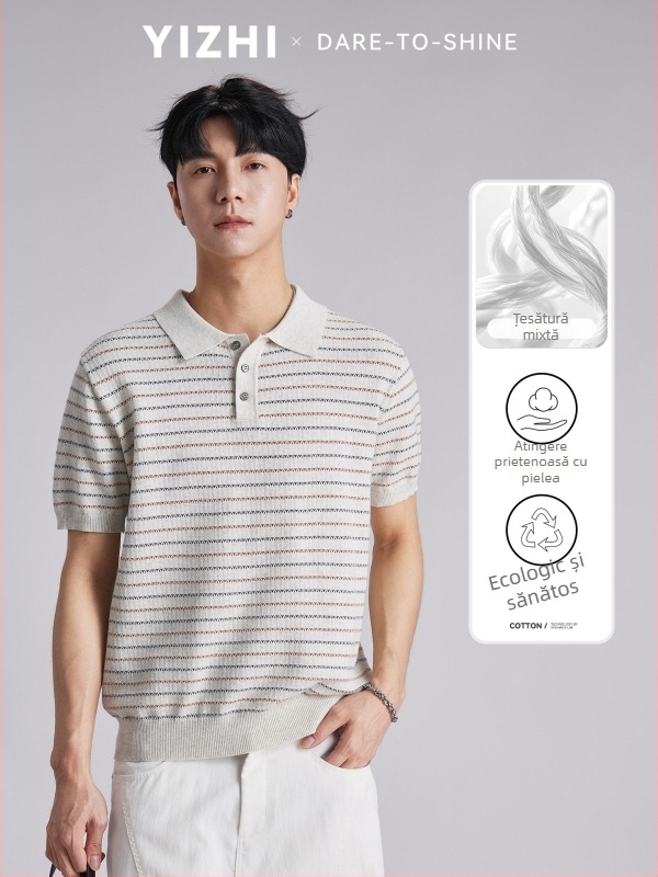 Polo bărbătesc cu textură tricotată din bumbac și model în dungi — croi slim, mâneci scurte, respirabil, vară, casual pentru muncă
